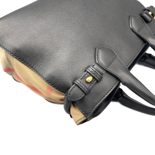 Burberry Small Banner Tote Calfskin House Check Black Brown