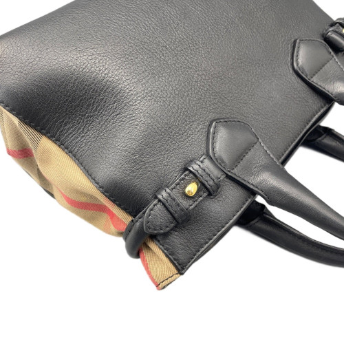 Burberry Small Banner Tote Calfskin House Check Black Brown