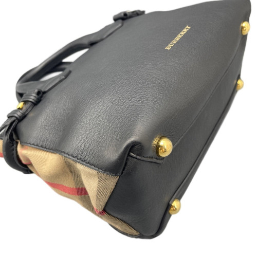 Burberry Small Banner Tote Calfskin House Check Black Brown
