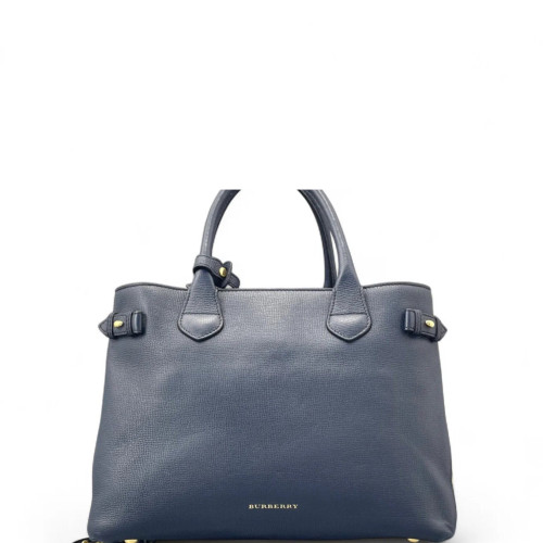 Burberry Medium Banner Tote Calfskin House Check Blue Brown