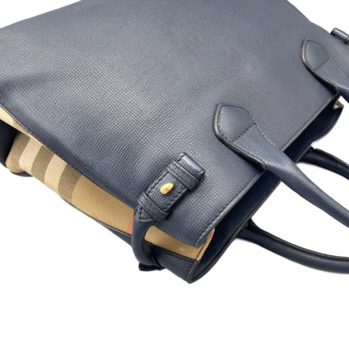 Burberry Medium Banner Tote Calfskin House Check Blue Brown