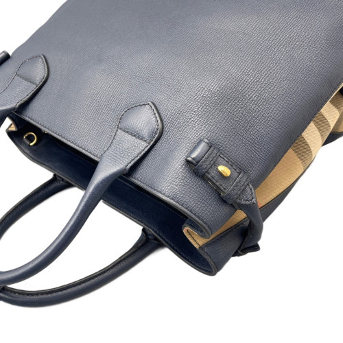 Burberry Medium Banner Tote Calfskin House Check Blue Brown