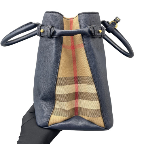 Burberry Medium Banner Tote Calfskin House Check Blue Brown