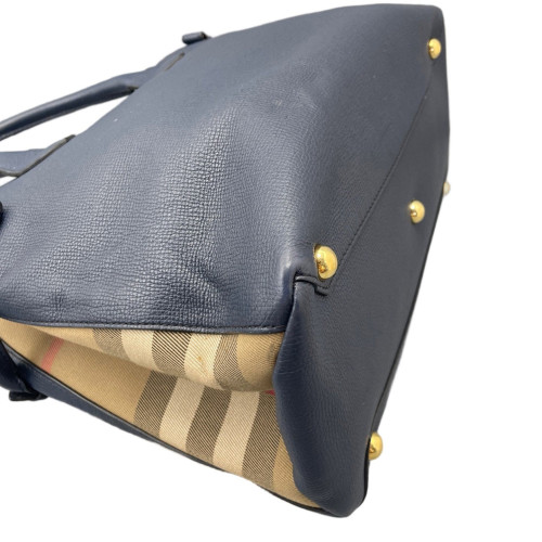 Burberry Medium Banner Tote Calfskin House Check Blue Brown