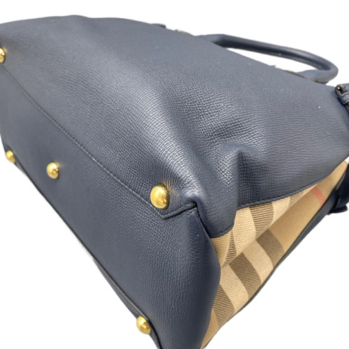 Burberry Medium Banner Tote Calfskin House Check Blue Brown