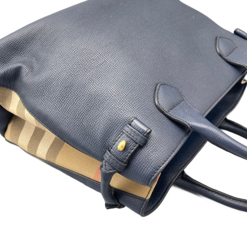 Burberry Medium Banner Tote Calfskin House Check Blue Brown