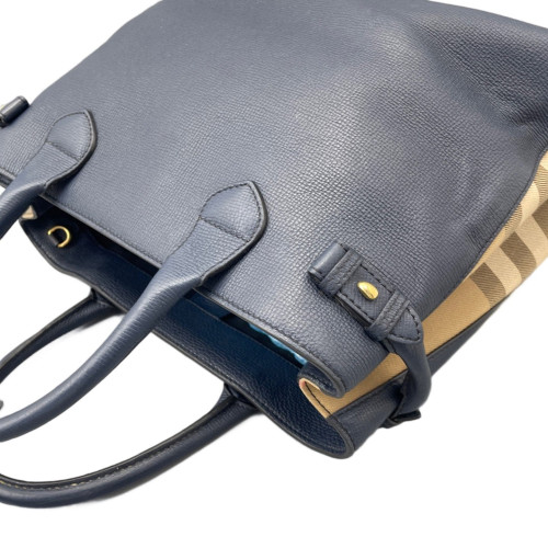 Burberry Medium Banner Tote Calfskin House Check Blue Brown