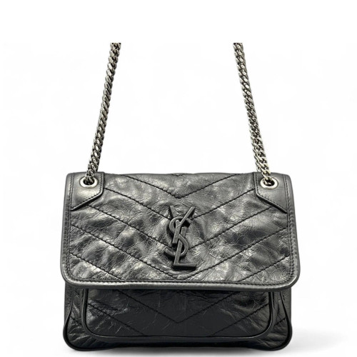 Yves Saint Laurent Chevron Baby Niki Chain Pull Up Leather Black