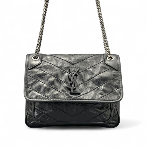 Yves Saint Laurent Chevron Baby Niki Chain Pull Up Leather Black