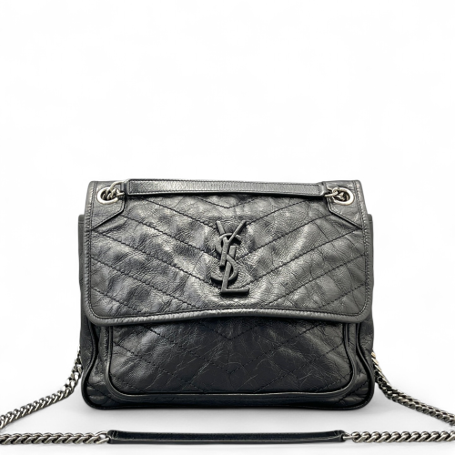 Yves Saint Laurent Chevron Medium Niki Chain Pull Up Leather Black Yves Saint Laurent Chevron Medium Niki Chain Pull Up Leather Black