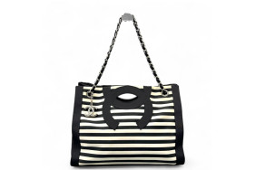 Chanel Shopping Tote Striped Canvas Black White