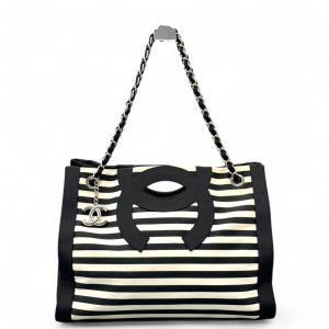 Chanel Shopping Tote Striped Canvas Black White
