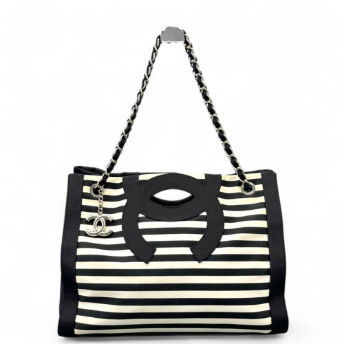 Chanel Shopping Tote Striped Canvas Black White