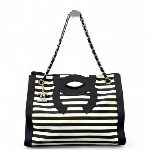 Chanel Shopping Tote Striped Canvas Black White