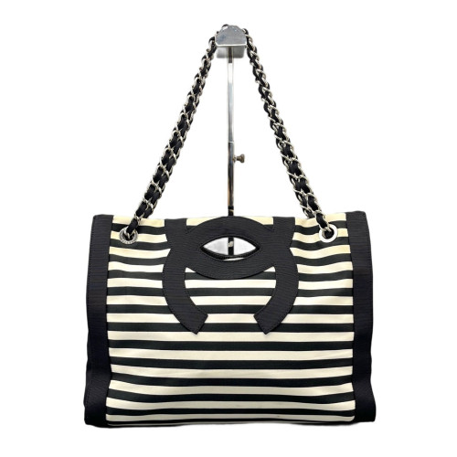 Chanel Shopping Tote Striped Canvas Black White