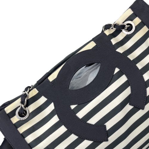 Chanel Shopping Tote Striped Canvas Black White