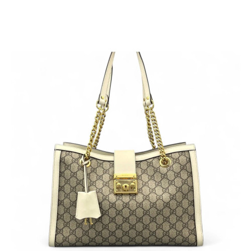 Gucci Medium Padlock Tote GG Supreme Monogram Brown White Gucci Medium Padlock Tote GG Supreme Monogram Brown White