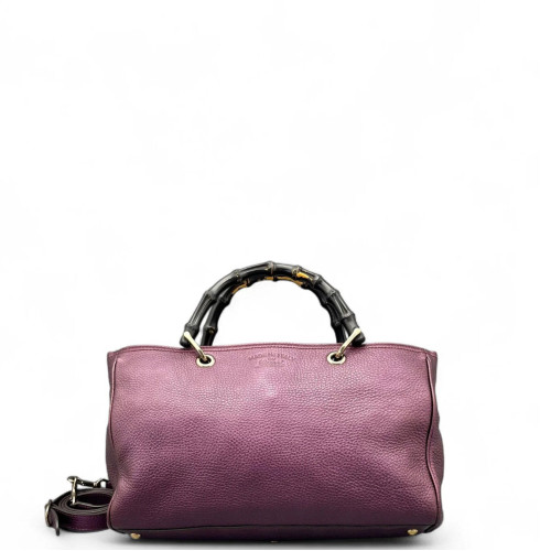 Gucci Dahlia Bamboo Top Handle Tote Grained Calfskin Purple