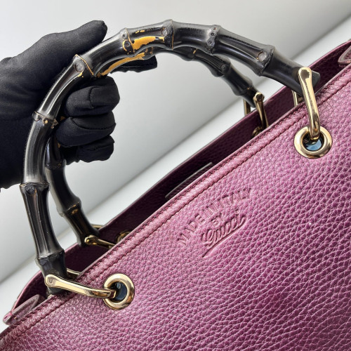 Gucci Dahlia Bamboo Top Handle Tote Grained Calfskin Purple