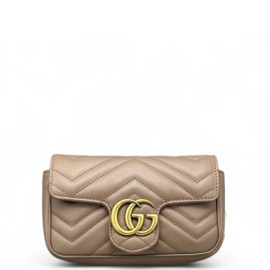 Gucci Chevron Super Mini GG Marmont Chain Wallet Calfskin Natural Tan