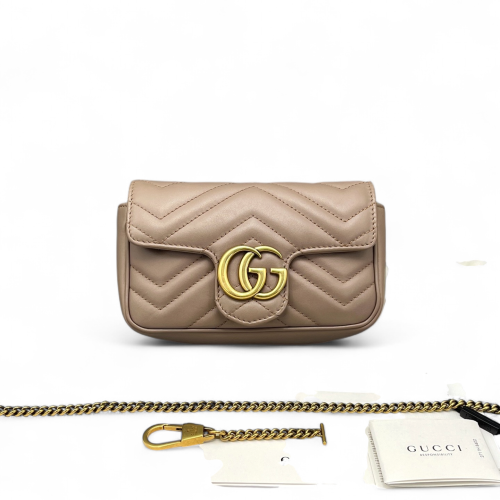 Gucci Chevron Super Mini GG Marmont Chain Wallet Calfskin Natural Tan