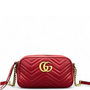 Gucci Chevron Small GG Marmont Chain Shoulder Bag Calfskin Red