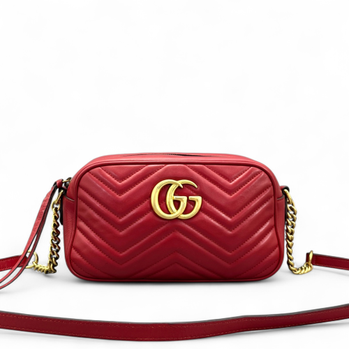 Gucci Chevron Small GG Marmont Chain Shoulder Bag Calfskin Red