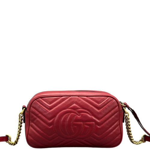 Gucci Chevron Small GG Marmont Chain Shoulder Bag Calfskin Red