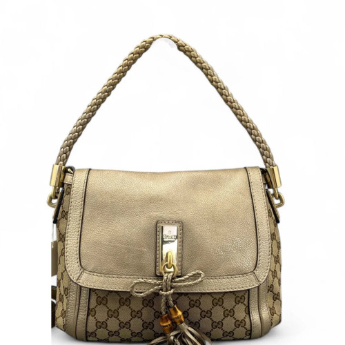 Gucci Bamboo Flap Bag Canvas Calfskin Pale Gold Brown