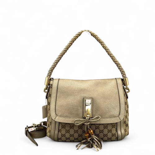 Gucci Bamboo Flap Bag Canvas Calfskin Pale Gold Brown