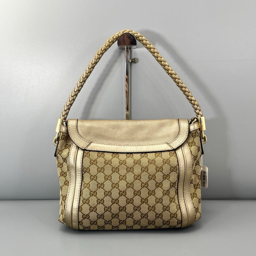 Gucci Bamboo Flap Bag Canvas Calfskin Pale Gold Brown