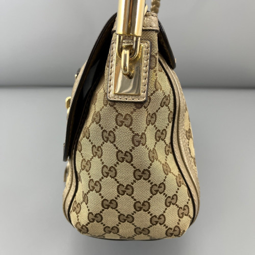 Gucci Bamboo Flap Bag Canvas Calfskin Pale Gold Brown