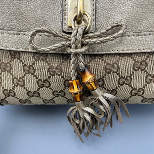 Gucci Bamboo Flap Bag Canvas Calfskin Pale Gold Brown