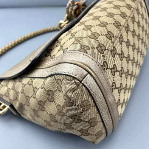 Gucci Bamboo Flap Bag Canvas Calfskin Pale Gold Brown