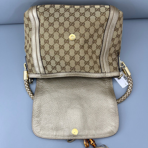 Gucci Bamboo Flap Bag Canvas Calfskin Pale Gold Brown