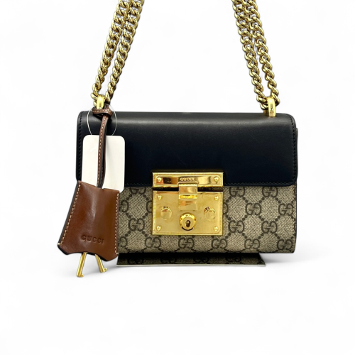 Gucci Small Padlock Shoulder Bag GG Monogram Black Brown Gucci Small Padlock Shoulder Bag GG Monogram Black Brown