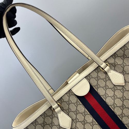 Gucci Ophidia Web Tote Bag GG Supreme Monogram Beige White Red