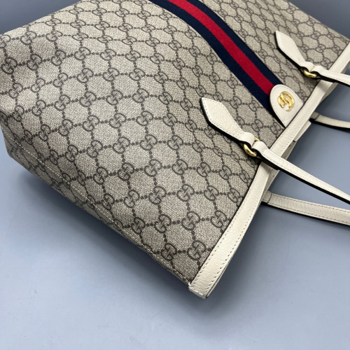 Gucci Ophidia Web Tote Bag GG Supreme Monogram Beige White Red