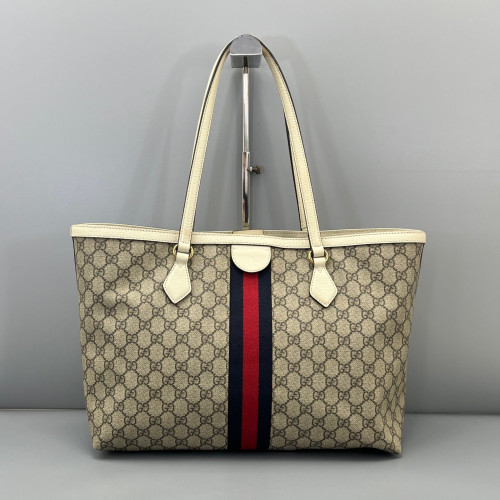 Gucci Ophidia Web Tote Bag GG Supreme Monogram Beige White Red