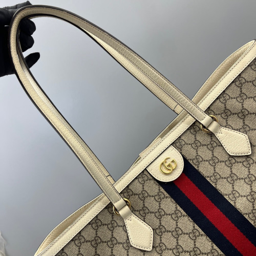 Gucci Ophidia Web Tote Bag GG Supreme Monogram Beige White Red