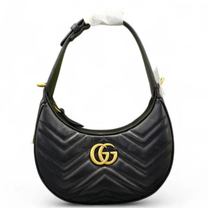 Gucci Chevron Small GG Marmont Half Moon Hobo Calfskin Black