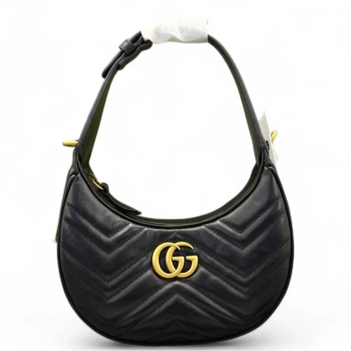 Gucci Chevron Small GG Marmont Half Moon Hobo Calfskin Black