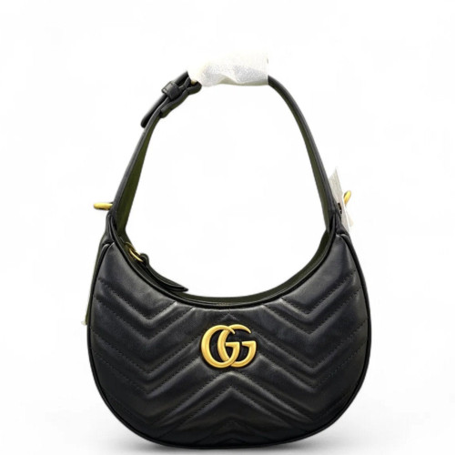 Gucci Chevron Small GG Marmont Half Moon Hobo Calfskin Black