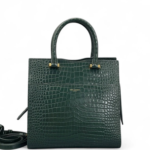 Yves Saint Laurent Two-Way Bag Calfskin Crocodile Embossed Dark Green Yves Saint Laurent Two-Way Bag Calfskin Crocodile Embossed Dark Green