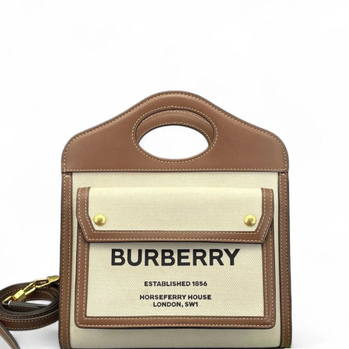 Burberry Mini Two Tone Pocket Bag Canvas Calfskin Brown Beige Burberry Mini Two Tone Pocket Bag Canvas Calfskin Brown Beige
