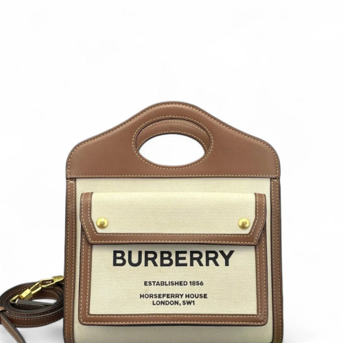 Burberry Mini Two Tone Pocket Bag Canvas Calfskin Brown Beige Burberry Mini Two Tone Pocket Bag Canvas Calfskin Brown Beige
