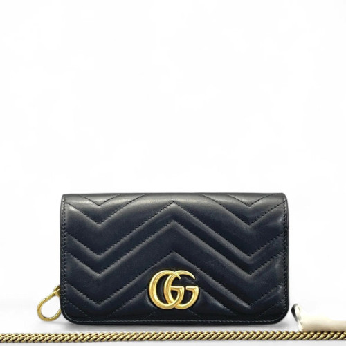 Gucci Chevron GG Marmont Chain Wallet Calfskin Black