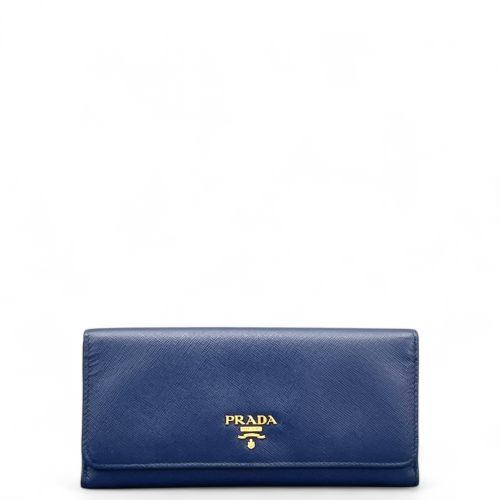 Prada Metal Continental Flap Wallet Saffiano Calfskin Dark Blue