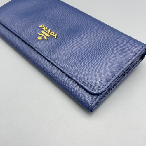 Prada Metal Continental Flap Wallet Saffiano Calfskin Dark Blue