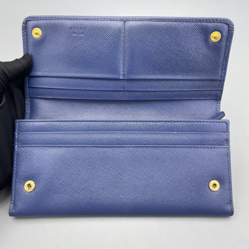 Prada Metal Continental Flap Wallet Saffiano Calfskin Dark Blue